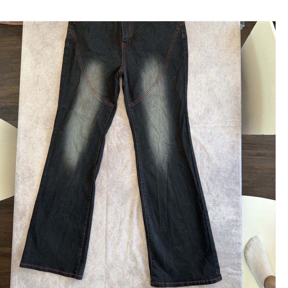 Fashion Nova Women's Black Bootcut Jeans Red Stitch Ruffle Pockets Size 15